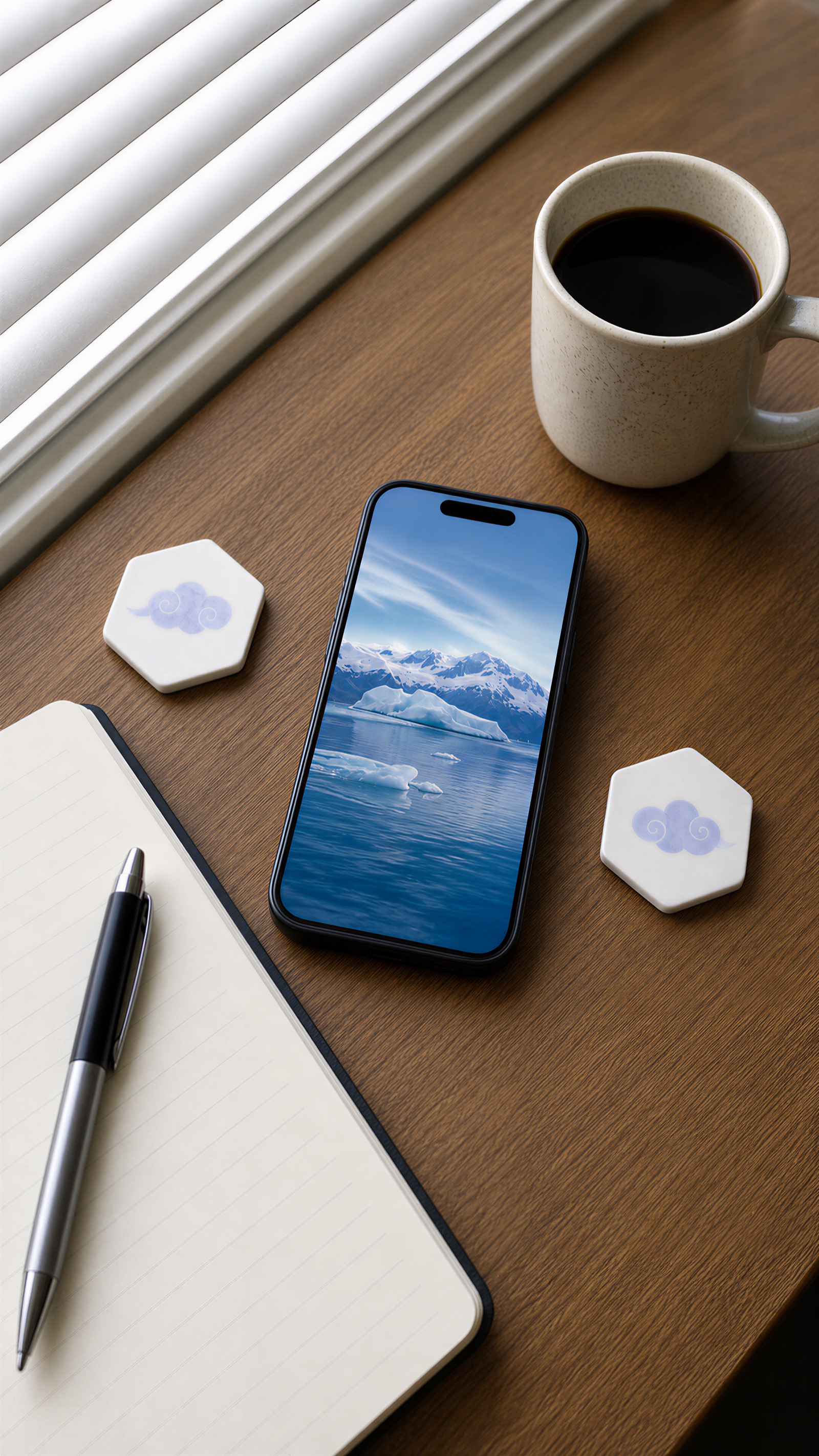 Two scent patches beside a phone playing an iceberg scene on a desk