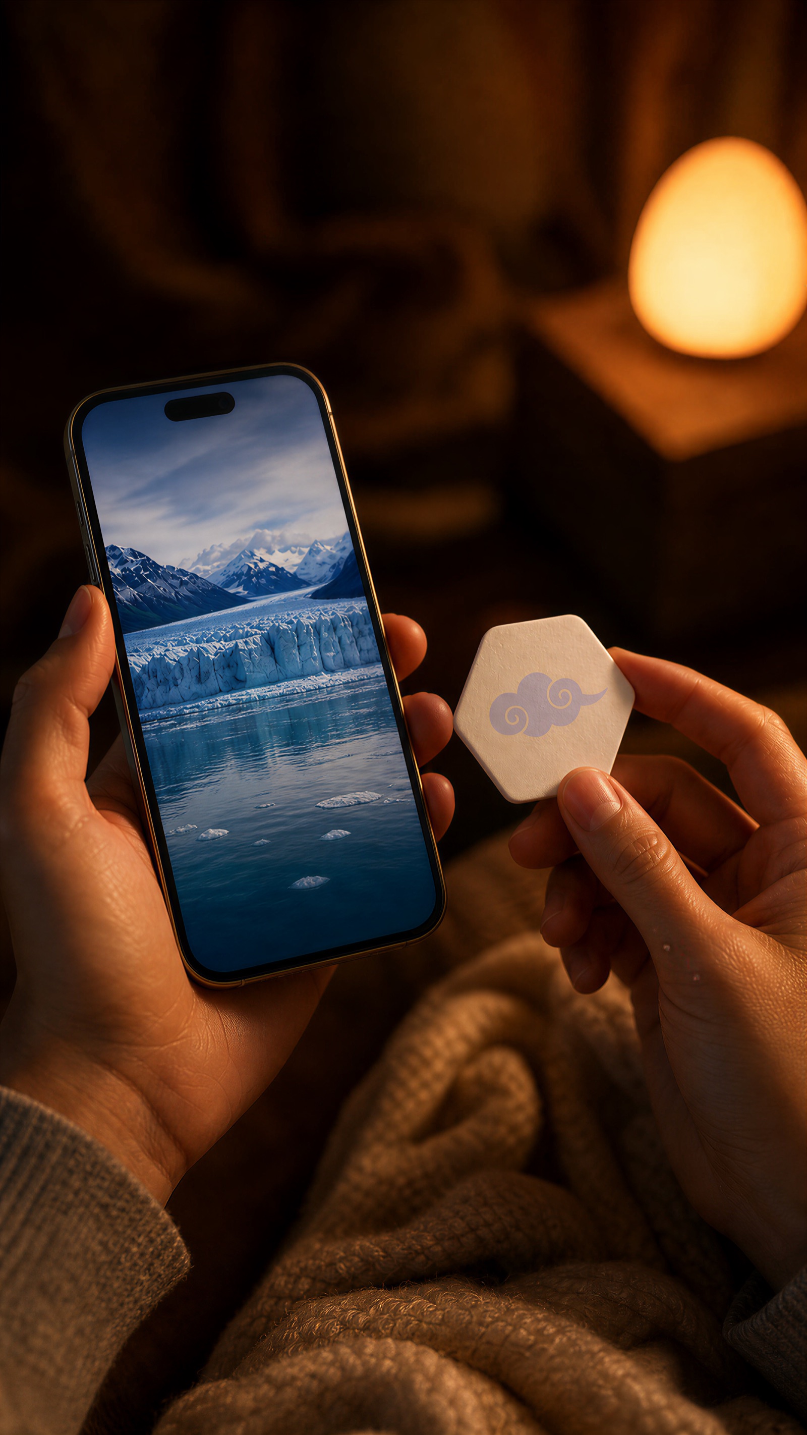 A phone showing a glacier scene by a warm bedside lamp at night, a scent patch held nearby