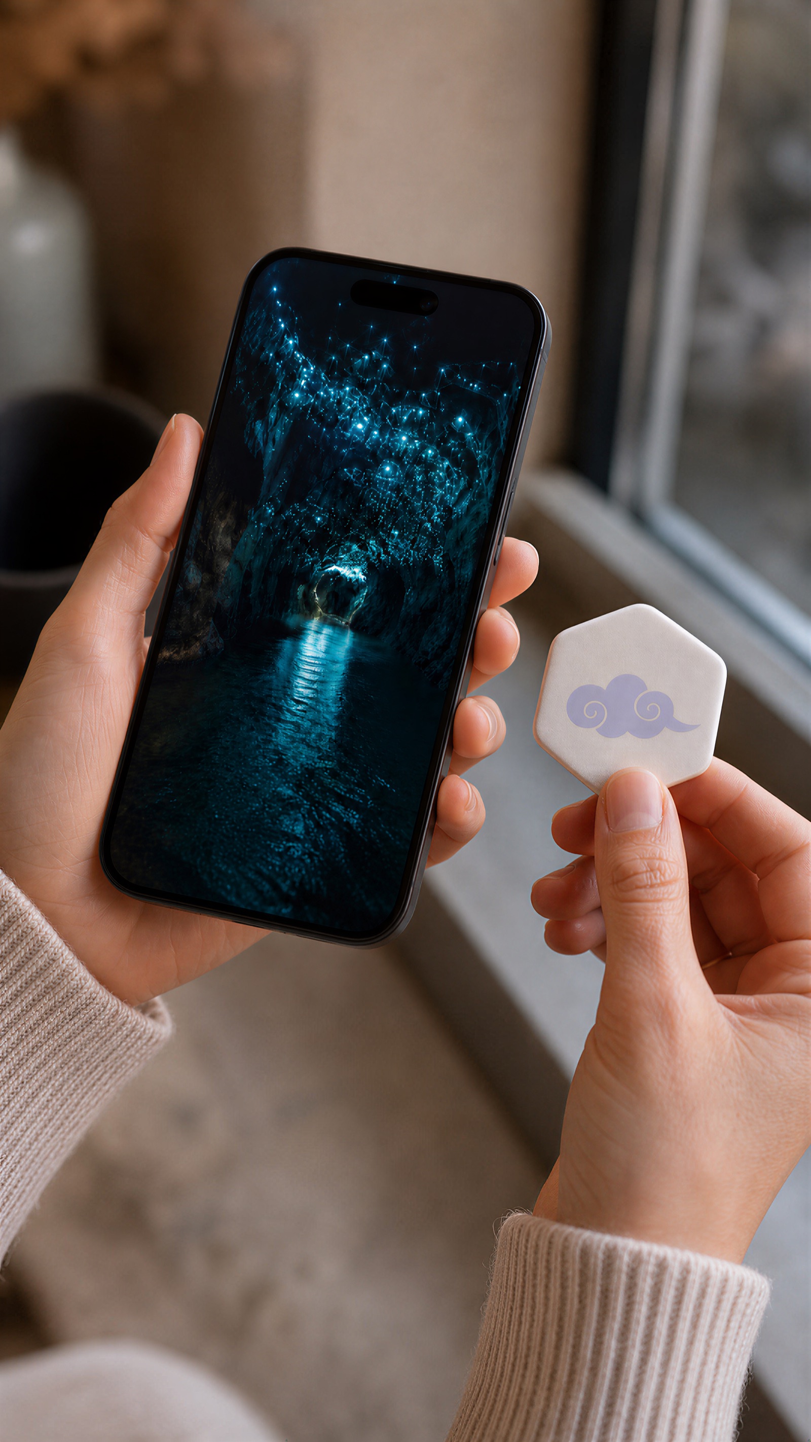 Hands holding a scent patch and a phone glowing with a glowworm cave scene