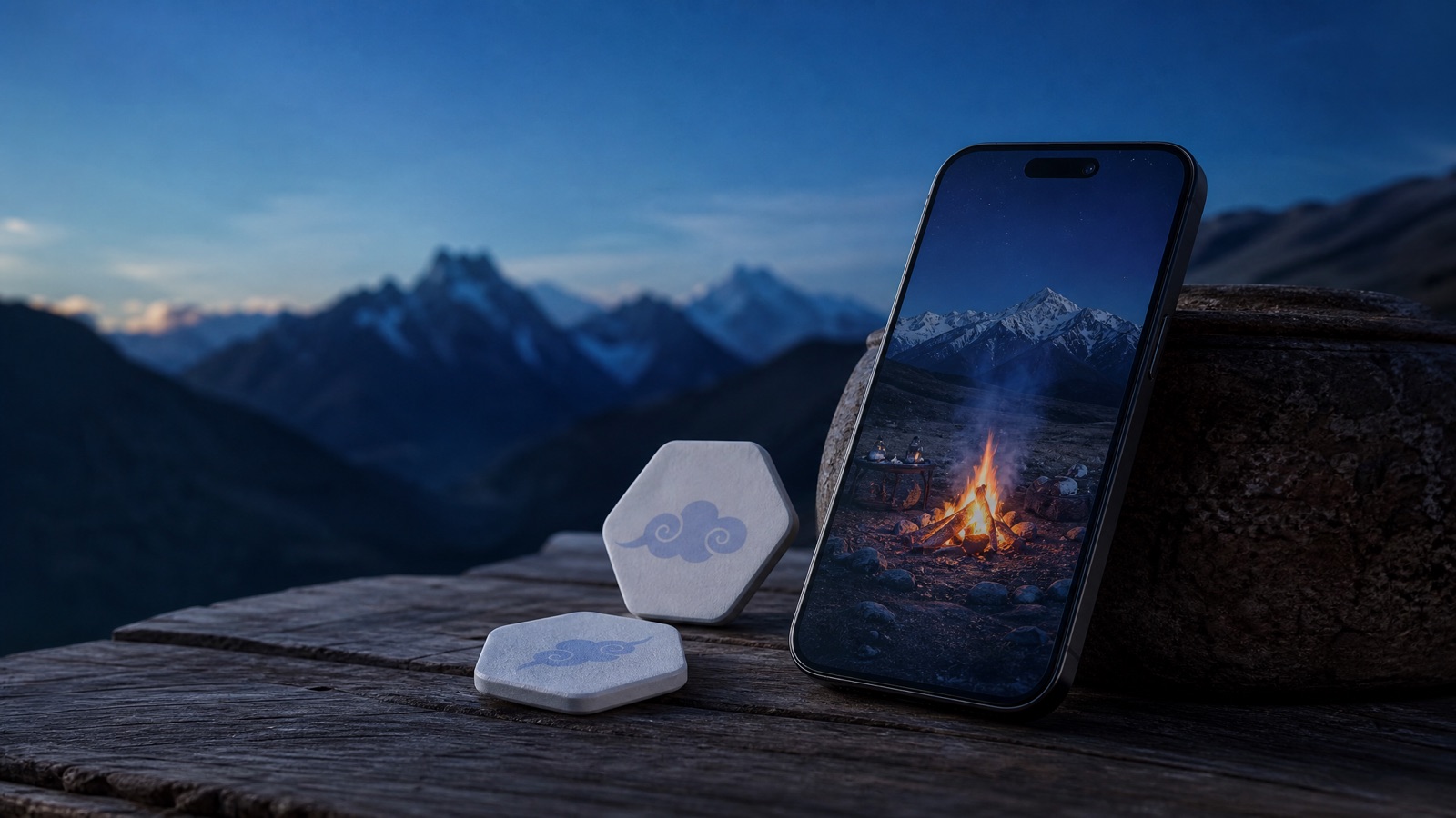 Two scent patches beside a phone playing a campfire scene, on weathered wood at blue hour in the mountains