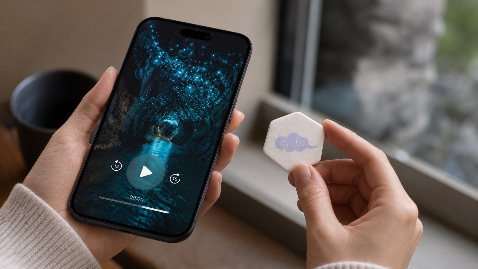 A phone showing a glowing cave scene, held in the dark