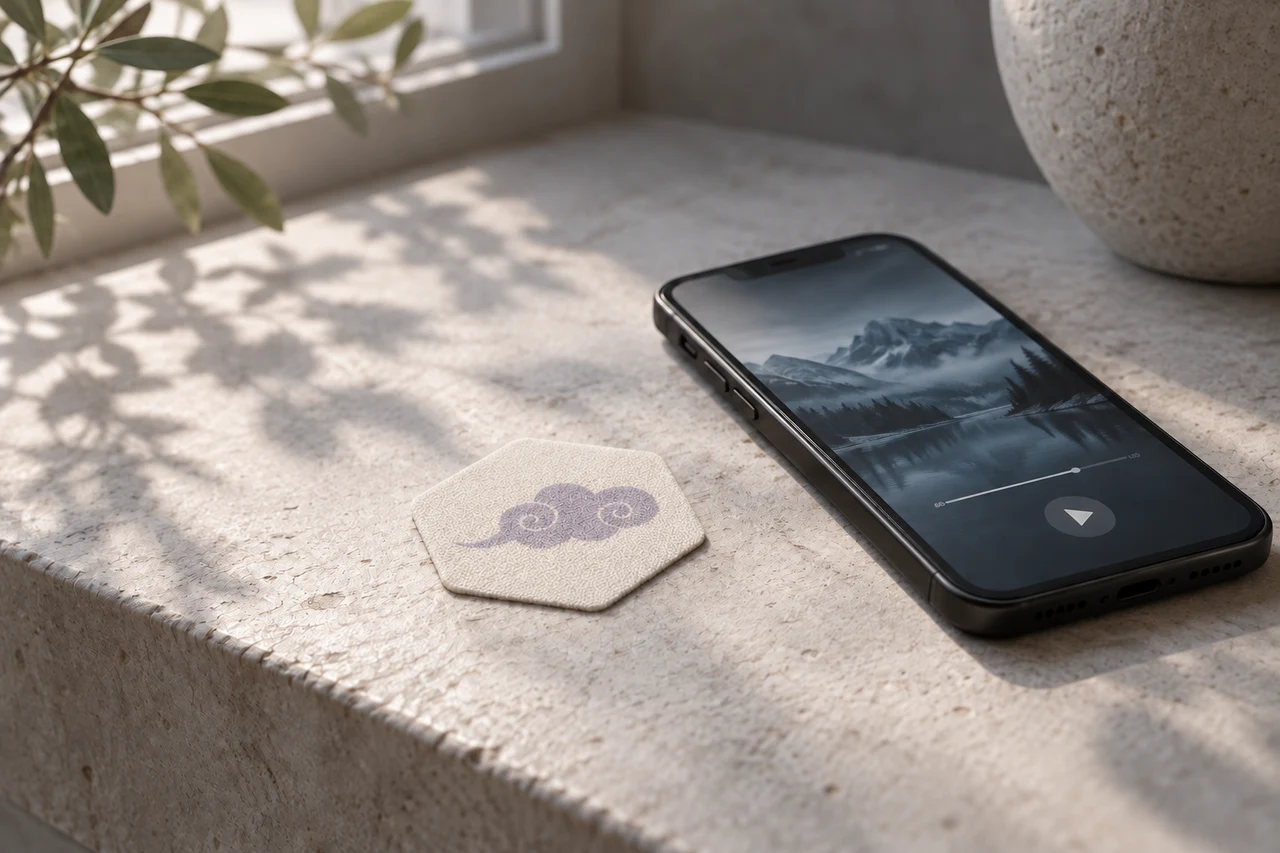 Product concept of a small scent patch beside a phone playing nature audio